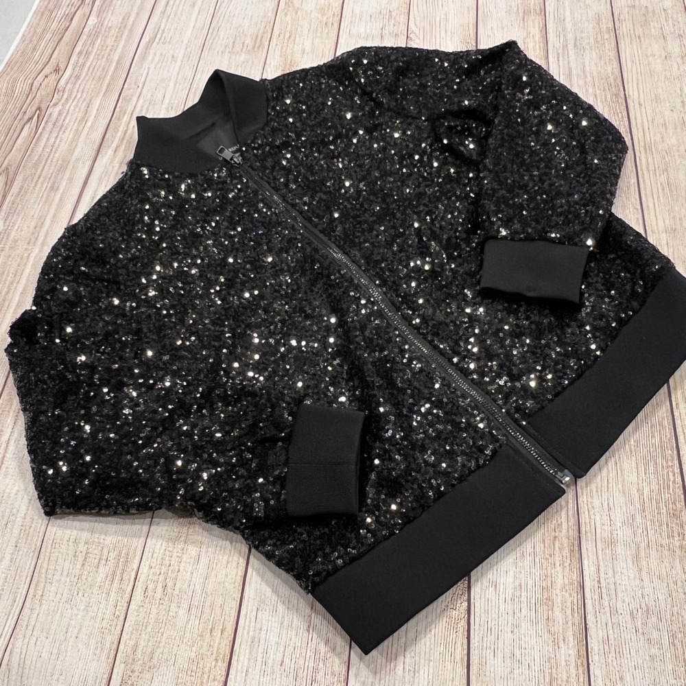 Banana Republic Black Sequin Bomber Jacket Full Zip‎ Women's Size Small